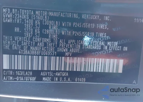 2015 Toyota Venza Xle z USA, uszkodzony, nr VIN 4T3BA3BB8FU069531